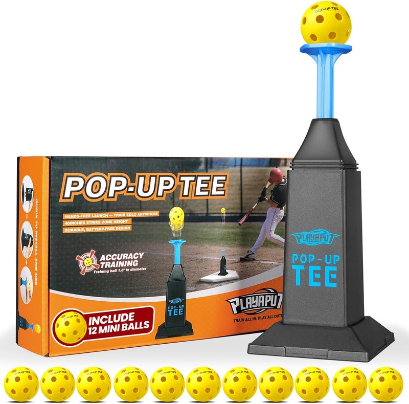 PLAYAPUT Portable Tee Popper For Baseball & Softball,Pop Height Up To 40 inch Baseball Pitching Machines With 12 Balls For Swing Practice Without a Pitcher, Hitting,Batting Tee Baseball Training Equipment - Image 1